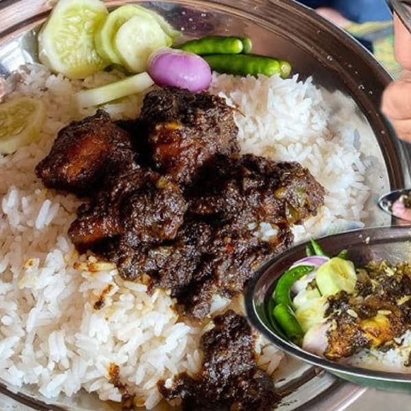 Beef Bhuna, Kala Bhuna or Goat Rejala, Any Two Bhorta, Daal or Mix Vegetable.